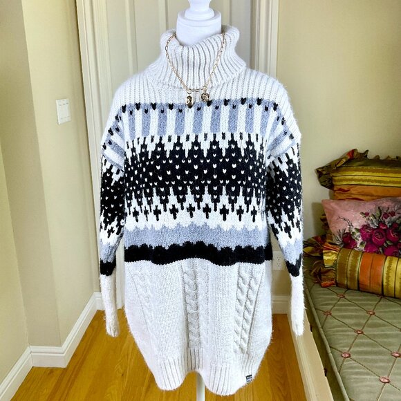 Superdry Sweater Turtleneck Chunky Knit Fair Isle Ivory Black Gray (8) - Picture 1 of 7